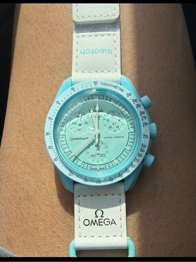 Omega Speedmaster Moonwatch in light blue with white strap